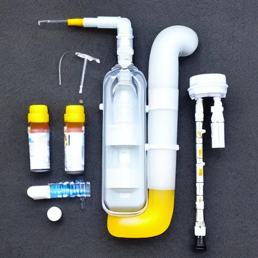 Prompt: music instrument similar to saxophone made out of clear tubing, syringes, urine collection bag, iv pole, fluid bag, nebulizer equipment