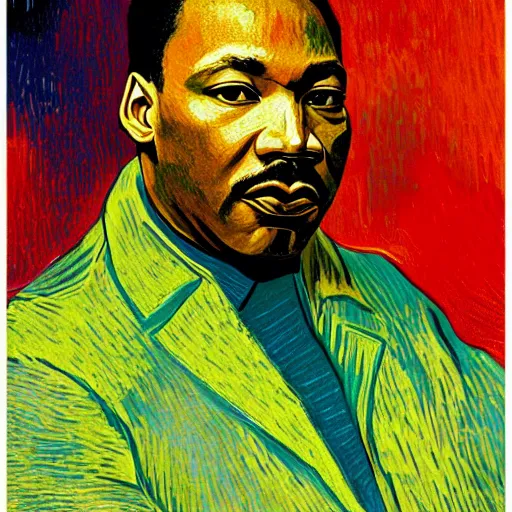 Prompt: an artistic portrait of martin luther king, high quality, studio photography, colorful, hero, heroic, beautiful, in the style of vincent van gogh