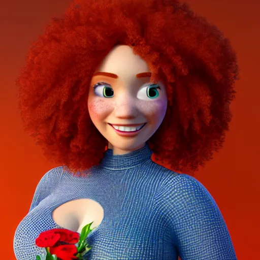 Image similar to 3d rendered gorgeous red haired woman with big curly hair and freckles, curvy figure wearing dress with flower print, Pixar CGI , octane render, sharp details, bloom, 8k resolution, OLED, trending on artstation