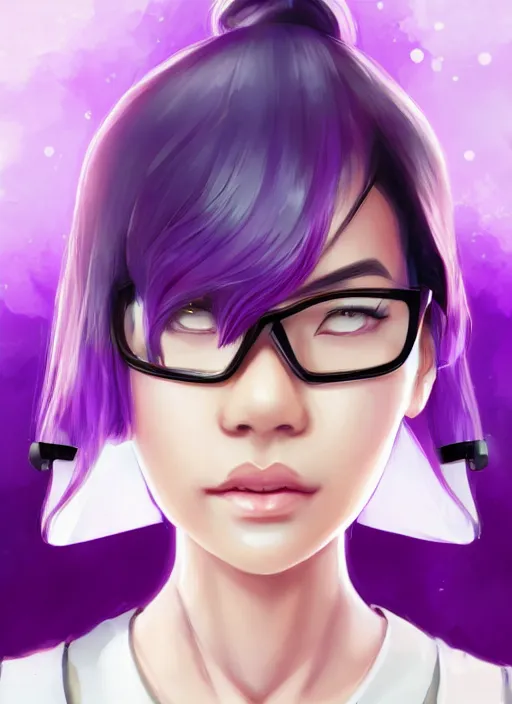 Prompt: a beautiful asian female scientist, cute and calm, purple hair, goggles, character, closeup headshot, in the style of artgerm, artstation, wlop, alexis franklin, cgsociety, 8 k resolution, detailed