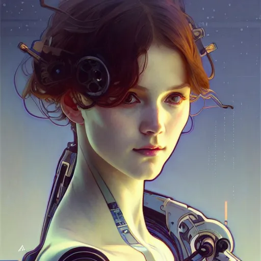 Prompt: portrait of beautiful girl with robot body by artgerm and greg rutkowski and alphonse mucha, close up, portrait, cinematic, elegant, artstation, intricate, highly detailed, digital painting, artstation, concept art, sharp focus, illustration, cyberpunk, cgsociety, 8 k