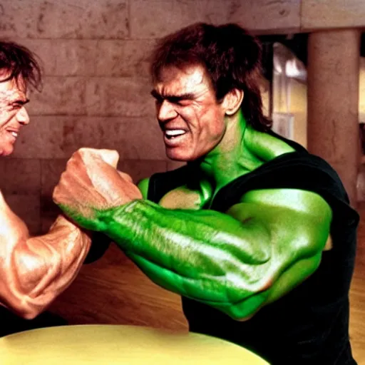 Prompt: hulk arm-wrestling with arnold schwarzenneger