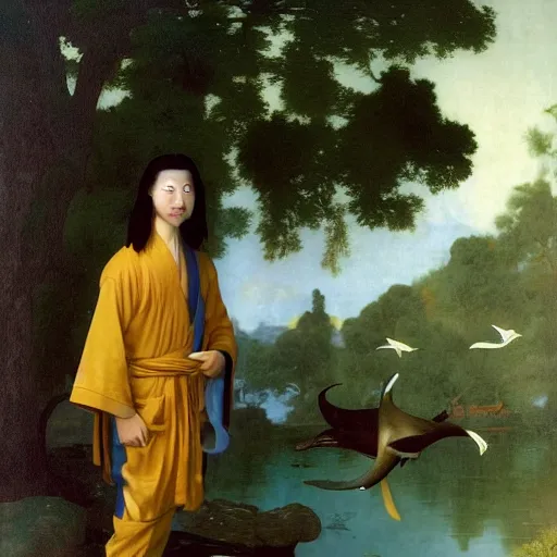 Image similar to A beautiful young Asian man with long shiny hair and big green eyes in a beautiful traditional silk robe standing in a beautiful garden watching a big dolphin that is jumping from the lake, he is a prince and a serious person but is smiling, by Johannes Vermeer, Frank Frazetta and William Adolphe Bouguereau, fantasy, trending on artstation, amazing details, mtg, digital painting, concept art