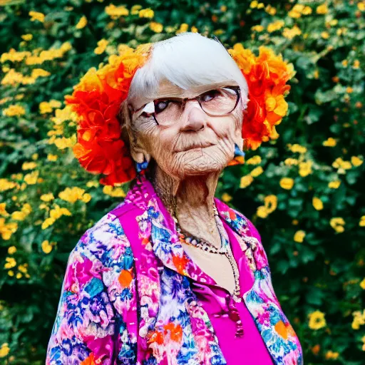 Prompt: an elderly woman dressed in extremely colorful clothes with floral patterns