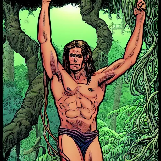 Prompt: precisely drawn illustration of Tarzan blended with Ringo Starr, wide angle, sharp, fine details, French comic style, vibrant realistic colors, full color, heroic fantasy, intense line art, 8k, precise linework, realistic, in the style of Heavy Metal Comics and Richard Corben and Moebius