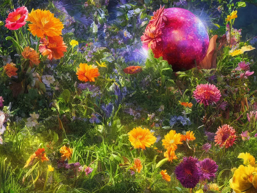 Prompt: sunlight study, the universe is a spheroid region of kauai wildflower undergrowth, art nouveau, by jan davidz de heem and ( ( ( ( ( lisa frank ) ) ) ) ), 8 k, sharp focus, octane render