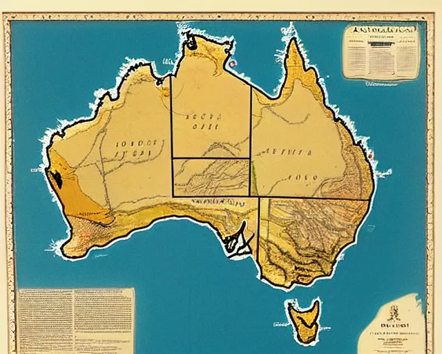 Prompt: recently rediscovered map of Australia, 16k scan, colorized, beautiful, intricate detail,