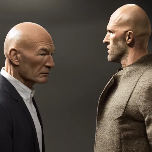 Prompt: film still, patrick stewart facing off against jason statham in a new netflix sci - fi action movie, wide shot