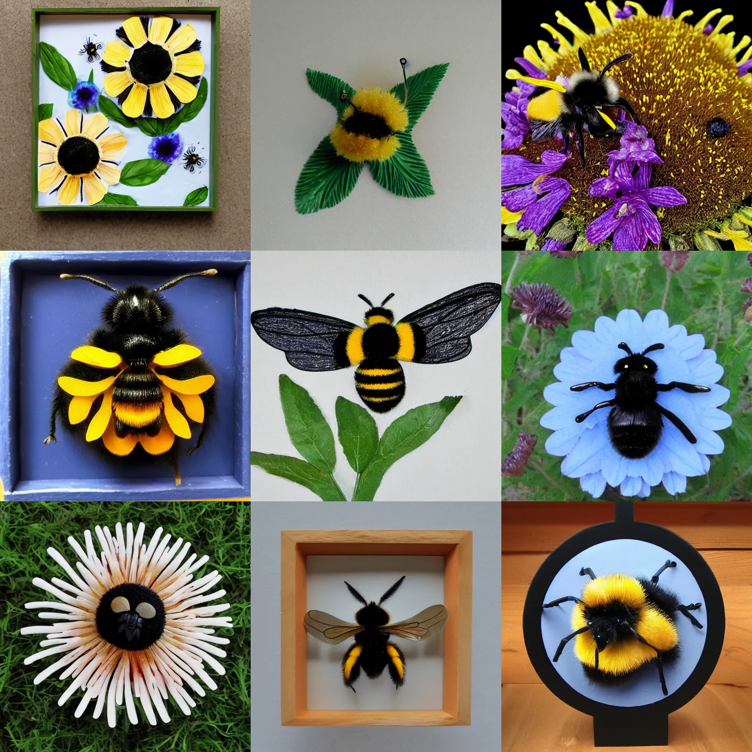 Prompt: composite flower bumblebee art object