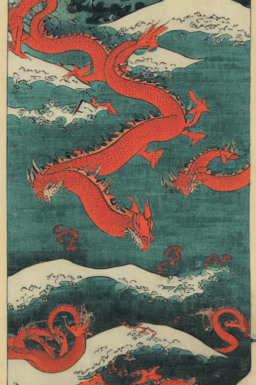 Image similar to A sea of dragons by Utagawa Kuniyoshi, ukiyo-e, nightmare ocean storm