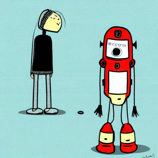 Prompt: A cute cartoon looking robot girl (or guy; your choice), standing and looking up at the sky. Illustration done in parody of works by Hayao Miyazaki.