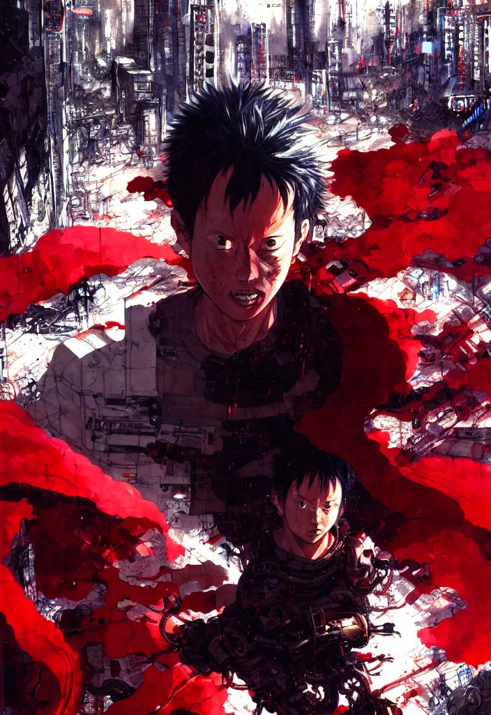 Prompt: tetsuo over neo - tokyo, red cape, akira | anime, matte painting, dystopian megacity neo - tokyo akira, shaded perfect, fine details. realistic shaded lighting anime manga artwork by katsuhiro otomo, akira, artgerm, jeremy lipkin and michael garmash and rob rey