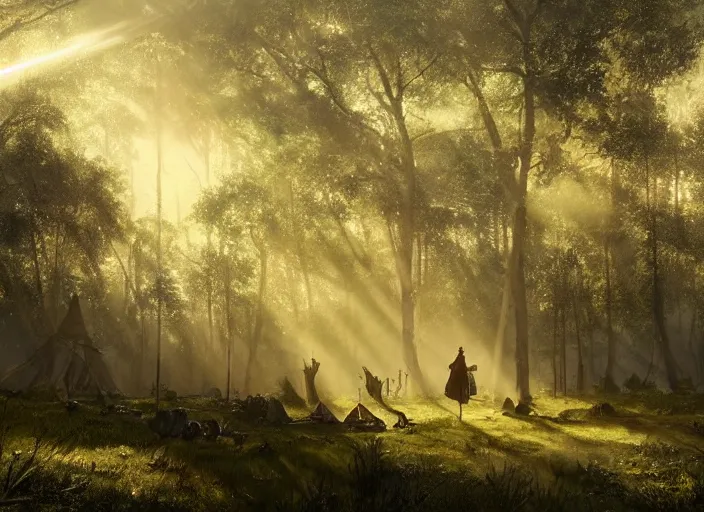 Prompt: atmospheric cinematic artwork of Robin Hood at his camp in Sherwood forest, dusk, sun rays through the trees by Greg Rutkowski, 4k, masterpiece