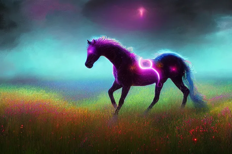 Image similar to a stunning digital painting of a horse with a mane of bioluminescent flowers running through a field of flowers by greg rutkowski, neonpunk, volumetric light, digital art, fine detail, photorealistic