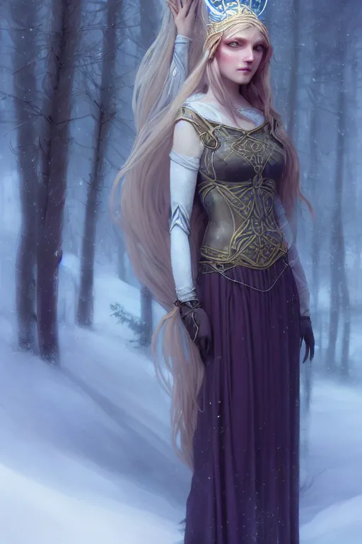 Image similar to nostalgia for a fairytale, nordic, ice sorceress, medieval maiden, long hair, tall and thin, illustration, dramatic lighting, soft details, painting, art nouveau, octane render, 8 k, hd, by edmund blair leighton, brom, charlie bowater, faces by otto schmidt