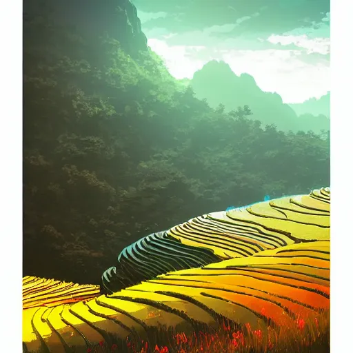 Prompt: beautiful scenery of rice terraces, by anato finnstark, by alena aenami, by john harris, by ross tran, by wlop, by andreas rocha