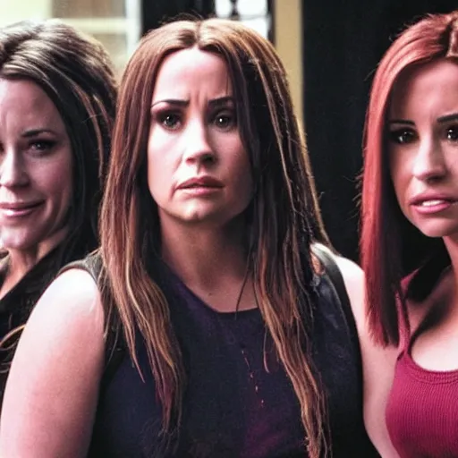 Prompt: close-up of Demi Lovato as Piper Halliwell, Selena Gomez as Phoebe Halliwell and Ariana Grande as Prue Halliwell in a Charmed movie directed by Christopher Nolan, movie still frame, promotional image, imax 35 mm footage