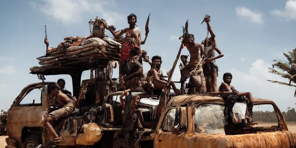 Image similar to sri lankan mad max style, bongo drum players on top of a truck, film still, epic shot cinematography, rule of thirds