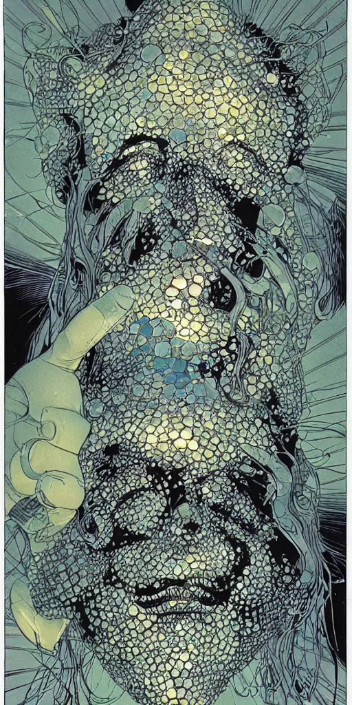 Prompt: a face made of diamonds with light shinying through it, michael kaluta, charles vess and jean moebius giraud