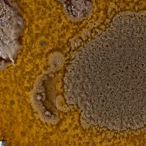 Image similar to a yellow and brown bacterial mat at a yellowstone hotspring, macro photography, extremely detailed, small features, bumps, craters, follicles