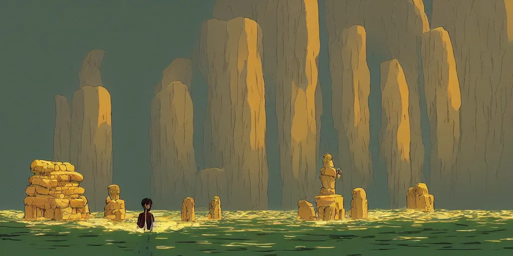 Prompt: a realistic cell - shaded studio ghibli concept art from paprika ( 2 0 0 6 ) of an aquatic ape from close encounters of the third kind ( 1 9 7 7 ) in a flooded monument valley stonehenge. very dull colors, wide shot, hd, 4 k, hq