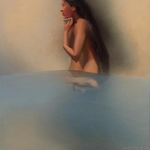 Prompt: A beautiful performance art. She has deeply tanned skin that makes me think of Oort, an almond Asian face and a compact, powerful body. alizarin by John Harris, by John Philip Falter hideous, ghostly