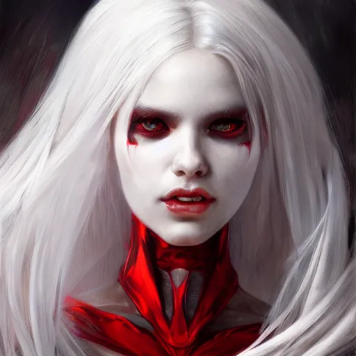 Image similar to ultra realistic illustration, dream humanoid demon girl with white hair, red horns, in white clothes, red eyes, intricate, elegant, highly detailed, digital painting, artstation, concept art, smooth, sharp focus, illustration, art by artgerm and greg rutkowski and alphonse mucha