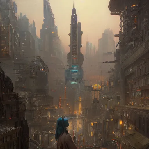 Image similar to retro city with sci-fi robots digital painting, artstation, concept art, soft light, hdri, smooth, sharp focus, illustration, fantasy, intricate, elegant, highly detailed, D&D, matte painting, in the style of Greg Rutkowski and Alphonse Mucha and artemisia, 8k, highly detailed, jurgens, rutkowski, bouguereau, pastoral, rustic, georgic