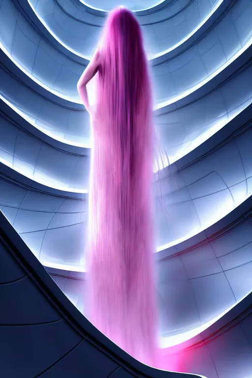 Prompt: a futuristic scene with an long pink haired beautiful thin woman in a white flowing futuristic dress, in front of a zaha hadid building, cinematic matte painting, extreme detail photo quality, dark moody colors, featured on behance