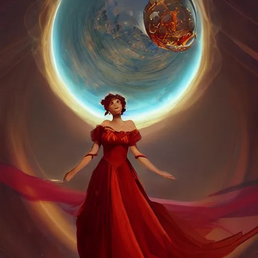 Prompt: A woman floats in midair, encircled by a ring of fire. She wears a crimson gown and her hair is wild and flowing. In her hands she holds a staff adorned with a large crystal ball, trending on artstation, by Lulu Chen and Mandy Jurgens