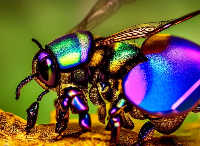 Prompt: super macro of an iridescent mechanical cyborg bee drinking from a flower in the forest. fantasy magic style. highly detailed 8 k. intricate. nikon d 8 5 0 3 0 0 mm. award winning photography.