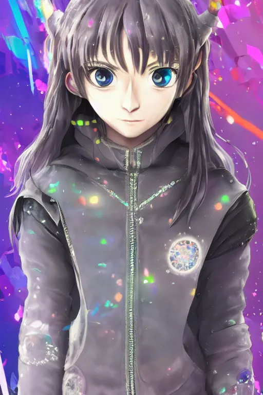 Image similar to portrait of arya stark as a 3d anime character with cute sparkly eyes wearing a psychedelic holographic hoodie long hair with pastel colors in the style of code vein by Kurumi Kobayashi Koichi Itakura, 3d anime, octane render, dynamic dramatic lighting with glitch and chromatic abbreviations artstation cgsociety imaginefx by anime concept artist rendered in unreal engine by WENJR WLOP artgerm