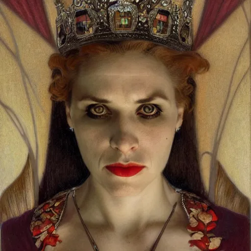 Image similar to portrait of a queen vampire, 35mm, 1920', depth of field, ominous, sharp, photorealistic, realistic, high definition, 8k, deviantart, donato giancola, irwin penn, Alphonse Mucha