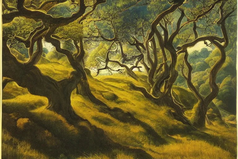 Image similar to masterpiece painting of oak trees on a hillside overlooking a creek, dramatic lighting, by gustaf tenggren