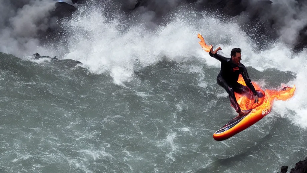 Image similar to person wearing a sponsored team jersey with logos surfing down a river of lava on the side of a volcano on surfboard, action shot, dystopian, thick black smoke and fire, sharp focus