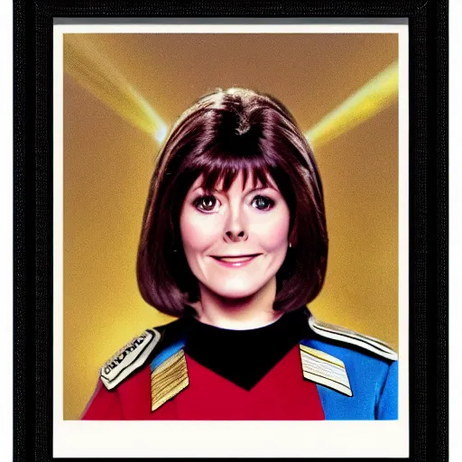 Image similar to a full body photograph of younger elisabeth sladen as a star fleet science officer from star trek next generation, full dress uniform, symmetrical face, extreme realism and detail, 8 k, completely framed, direct lighting, 3 5 mm photo, photorealistic, sharp focus