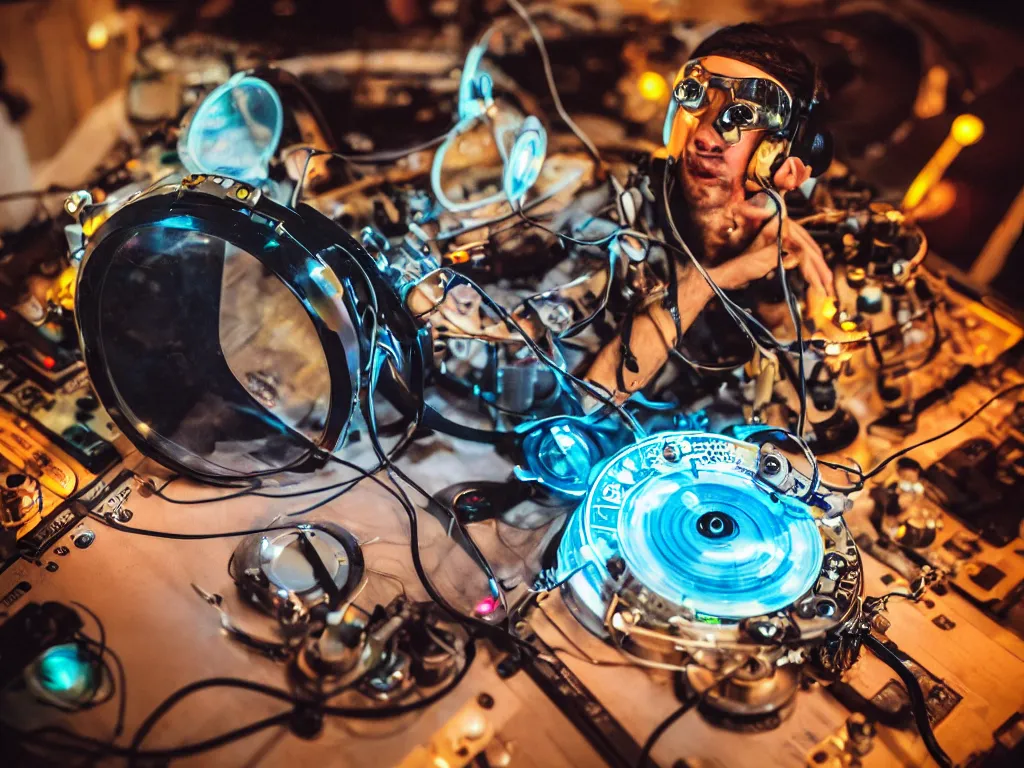 Image similar to a person wearing goggles and visor and headphones using a steampunk record player contraption, wires and tubes, turntablism dj scratching, intricate planetary gears, cinematic, imax, sharp focus, leds, bokeh, iridescent, black light, fog machine, hazy, lasers