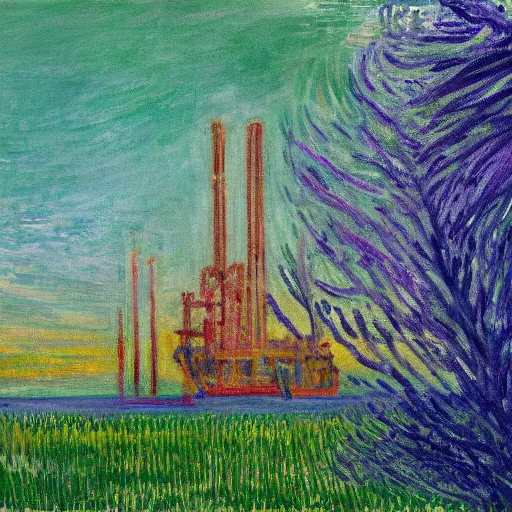 Prompt: offshore oil rig made by pine needles, overtaken by vines and flowers on the coast, expressive oil painting in the style of edvart munch and claude monet, green and lilac and gold color scheme