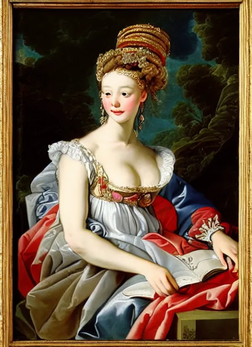 Image similar to portrait of young woman in renaissance dress and renaissance headdress, art by francois boucher