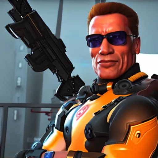 Prompt: a screenshot of arnold schwarzenegger as soldier 7 6 in overwatch