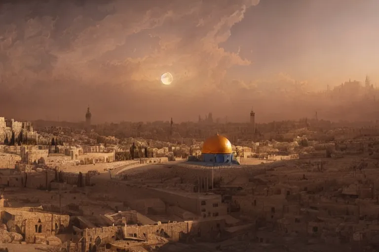 Image similar to jerusalem city on the moon, matte painting, long shot, concept art, wide shot, digital art, trending on artstation, 4 k, extremely detailed, realistic, midday, warm colors, golden sunlight, by greg rutkowski, cinematic, epic