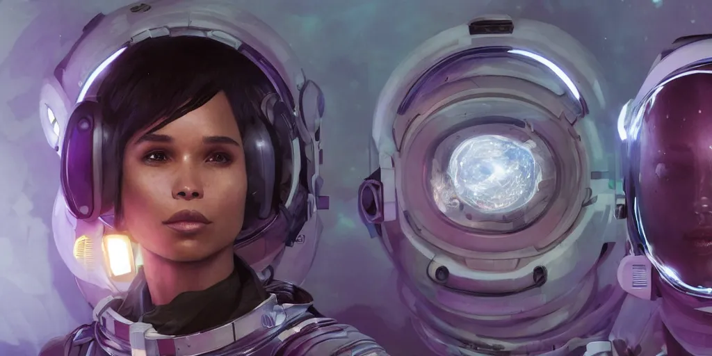 Image similar to Zoe Kravitz with short hair as a techpunk astronaut, helmet with led lights, underwater in the ocean at night, clear water, volumetric lighting, glowing lights, 4k, octane, digital painting, artstation, concept art, cinematic film, sharp focus, illustration, art by artgerm and greg rutkowski and alphonse mucha , wide angle view, full body