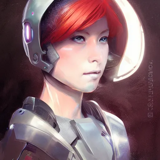 Prompt: a anime woman wearing futuristic helmet, detailed face, redhead, by greg rutkowski, mandy jurgens