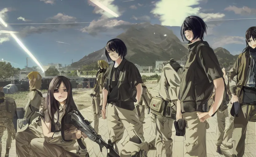 Image similar to anime style, gta 5, panoramic view, searchlights in background, soldier clothing, hair down, real face, symmetrical facial features, from arknights, hyper realistic, extreme detail, detailed drawing, trending pixiv, safebooru, d & d, realistic lighting, by alphonse mucha, greg rutkowski, sharp focus, backlit, mechanized transport