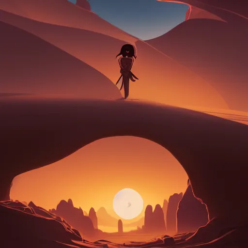 Image similar to sunset in the desert, fantasy art, illustration, animated film,, by roman shipunov, etienne hebinger, atey ghailan, cgsociety, cynical realism, fantasy art, 2 d game art