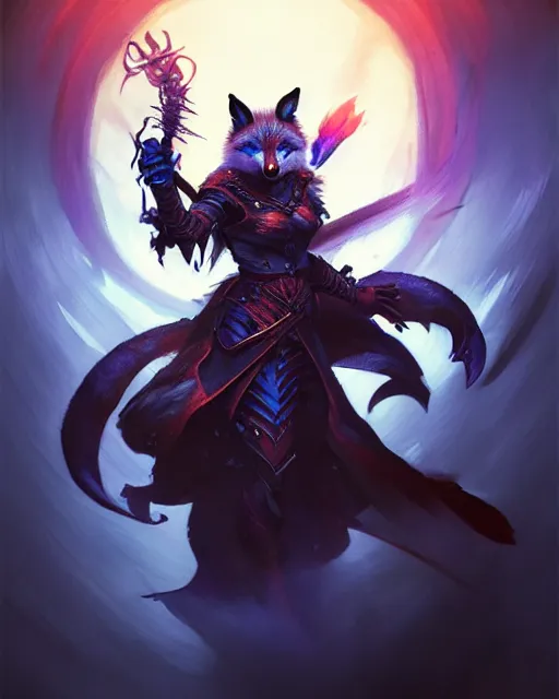 Image similar to Fox Warrior holding sapphire, evil smile, medium shot, D&D, artstation, fantasy, magic the gathering artwork, cinematic lighting, centered, symmetrical, highly detailed, digital painting, , concept art, smooth, sharp focus, illustration, volumetric lighting, epic Composition, 8k, art by Akihiko Yoshida and Greg Rutkowski and Craig Mullins, oil painting, cgsociety