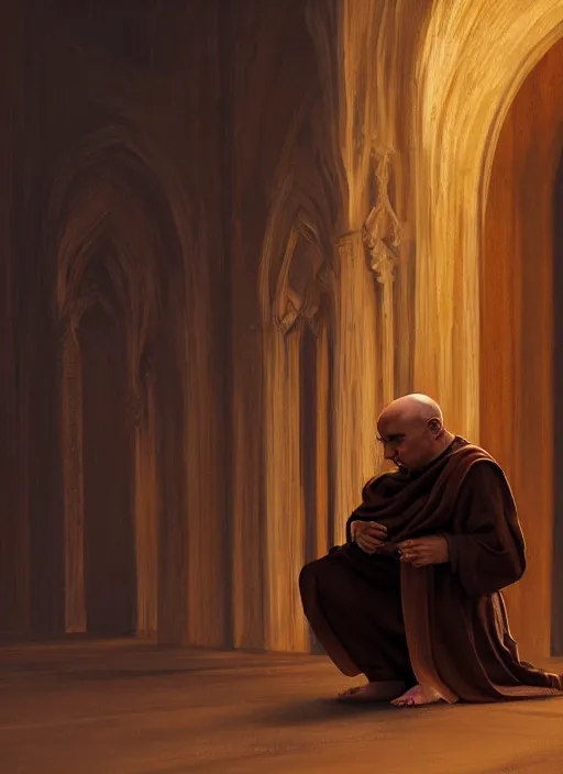 Image similar to symmetry!! oil painting of a weeping tonsured dominican monk in a brown habit, kneeling in a dark empty chapel, hazy, digital art, artstation, cinematic, golden hour, digital art painting by greg rutkowski, cozy atmosphere, cinematic lighting