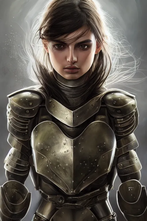 Prompt: a photorealistic painted portrait of an attractive young girl, partially clothed in metal-plated battle armor, olive skin, long dark hair, flawless skin, beautiful bone structure, perfectly symmetric facial features, perfect photorealistic eyes, natural physique, intricate, elegant, digital painting, concept art, finely detailed, beautifully illustrated, sharp focus, minimal artifacts, from Metal Gear, by Ruan Jia and Mandy Jurgens and Artgerm and William-Adolphe Bouguerea, in the style of Greg Rutkowski, trending on Artstation, award winning art