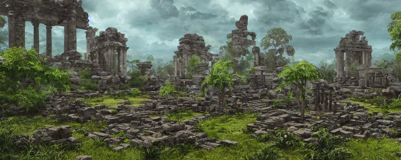 Image similar to ” otherwordly landscape with temple ruins covered by vegetation, [ cinematic, detailed, epic, widescreen, opening, establishing, mattepainting, photorealistic, realistic textures, octane render ] ”