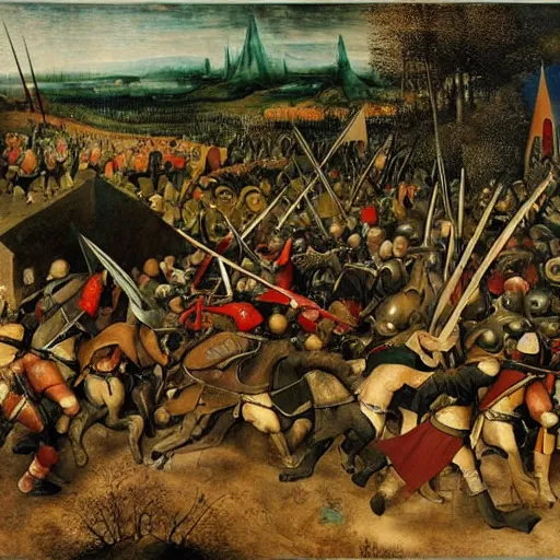 Image similar to a beautiful installation art of a battle scene from the lord of the rings. by pieter bruegel the elder